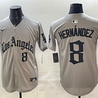Men's Los Angeles Dodgers #8 Enrique Hernandez Grey LA Gothic Style With 2025 World Series Champions Patch Limited Stitched Baseball Jersey