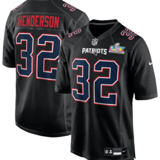 Men's New England Patriots #32 TreVeyon Henderson Black 2025 Super Bowl LX Patch Carbon Fashion Stitched Game Jersey