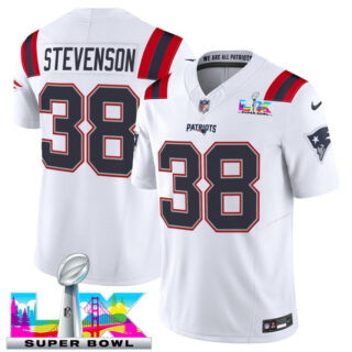 Men's New England Patriots #38 Rhamondre Stevenson White 2025 F.U.S.E. Super Bowl LX Patch Vapor Limited Stitched Football Jersey