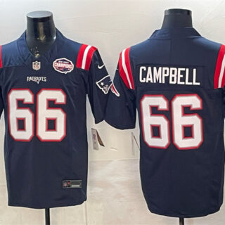 Men's New England Patriots #66 Will Campbell Navy F.U.S.E. 2025 AFC East Championship Patch Vapor Limited Stitched Football Jersey