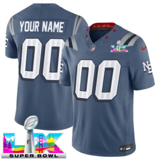 Men's New England Patriots Active Player Custom Storm Blue 2025 F.U.S.E. Super Bowl LX Patch Rivalries Vapor Limited Stitched Football Jersey