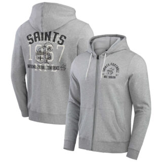 Men's New Orleans Saints Heather Gray Vintage Stripe Full-Zip Hoodie