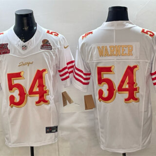 Men's San Francisco 49ers #54 Fred Warner White Gold 2025 F.U.S.E. Rivalries 5x Super Bowl Champions Patch Vapor Limited Stitched Football Jersey