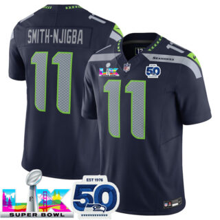 Men's Seattle Seahawks #11 Jaxon Smith-Njigba Navy 2025 F.U.S.E. Super Bowl LX Patch And 50th Season Patch Vapor Limited Stitched Football Jersey