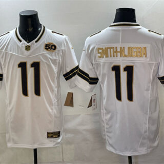 Men's Seattle Seahawks #11 Jaxon Smith-Njigba White Gold 2025 F.U.S.E. 50th Season Patch Limited Stitched Football Jersey