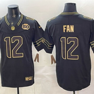 Men's Seattle Seahawks #12 Fan Black Gold 2025 F.U.S.E. 50th Season Patch Limited Stitched Football Jersey