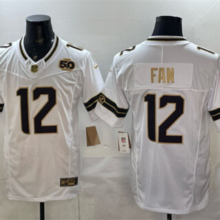 Men's Seattle Seahawks #12 Fan White Gold 2025 F.U.S.E. 50th Season Patch Limited Stitched Football Jersey