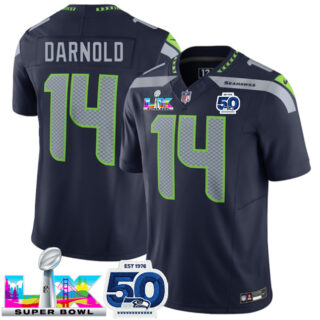 Men's Seattle Seahawks #14 Sam Darnold Navy 2025 F.U.S.E. Super Bowl LX Patch And 50th Season Patch Vapor Limited Stitched Football Jersey