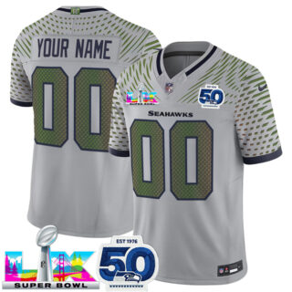 Men's Seattle Seahawks Active Player Custom Grey 2025 F.U.S.E. Super Bowl LX Patch And 50th Season Patch Rivalries Vapor Limited Stitched Football Jersey