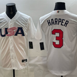 Men's USA Baseball #3 Bryce Harper White World Baseball Classic Stitched Jersey