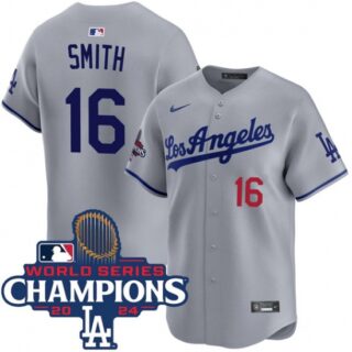 Men's Los Angeles Dodgers #16 Will Smith Gray 2024 World Series Champions Limited Stitched Baseball Jersey