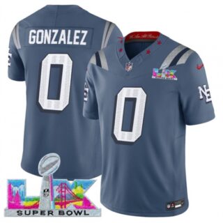 Men's New England Patriots #0 Christian Gonzalez Storm Blue 2025 F.U.S.E. Super Bowl LX Rivalries Vapor Limited Football Stitched Jersey