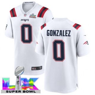 Men's New England Patriots #0 Christian Gonzalez White 2025 2026 Super Bowl LX F U S E Stitched Jersey
