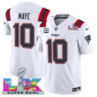 Men's New England Patriots #10 Drake Maye White 2025 F.U.S.E. Super Bowl LX And 1-Star C Vapor Limited Football Stitched Jersey