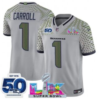 Men's Seattle Seahawks #1 Pete Carroll Gray 2025 F.U.S.E. Super Bowl LX And 50th Season Rivalries Vapor Limited Football Stitched Jersey