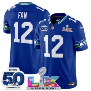 Men's Seattle Seahawks #12 Fan Royal 2025 F.U.S.E. Super Bowl LX And 50th Season Vapor Throwback Limited Football Stitched Jersey