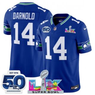 Men's Seattle Seahawks #14 Sam Darnold Royal 2025 F.U.S.E. Super Bowl LX And 50th Season Vapor Throwback Limited Football Stitched Jersey