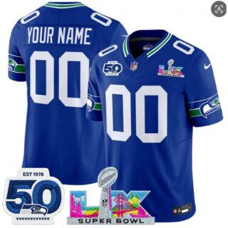 Men's Seattle Seahawks Active Player Custom Royal 2025 F.U.S.E. Super Bowl LX Patch And 50th Season Patch Vapor Throwback Limited Football Stitched Jersey