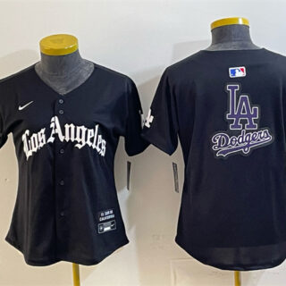 Women's Los Angeles Dodgers Team Big Logo Black 2025 World Series Champions LA Gothic Edition Limited Stitched Baseball Jersey(Run Small)
