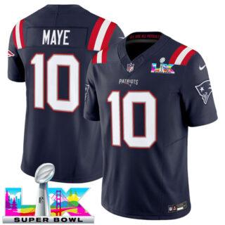 Women's New England Patriots #10 Drake Maye Navy 2025 F.U.S.E. Super Bowl LX Patch Vapor Limited Stitched Football Jersey(Run Small)