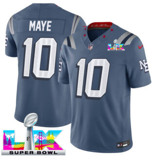 Women's New England Patriots #10 Drake Maye Storm Blue 2025 F.U.S.E. Super Bowl LX Patch Rivalries Vapor Limited Stitched Football Jersey(Run Small)