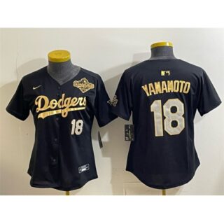 Youth Los Angeles Dodgers #18 Yoshinobu Yamamoto Black Gold 2025 World Series Limited Stitched Baseball Jersey