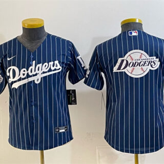 Youth Los Angeles Dodgers Team Big Logo Navy Pinstripe 2025 World Series Champions Patch Cool Base Stitched Baseball Jersey