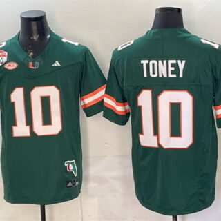 Men's Miami Hurricanes #10 Malachi Toney Green F.U.S.E. Fiesta Bowl Champions & Florida Patch Stitched Football Jersey