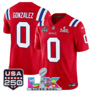 Men's New England Patriots #0 Christian Gonzalez Red 2025 F.U.S.E. Super Bowl LX Patch And USA 250' Patch Vapor Limited Football Stitched Jersey