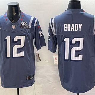 Men's New England Patriots #12 Tom Brady Storm Blue 2025 F.U.S.E. With 6x Super Bowl Champions Patch Rivalries Vapor Limited Stitched Football Jersey