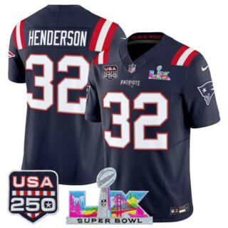 Men's New England Patriots #32 TreVeyon Henderson Navy 2025 F.U.S.E. Super Bowl LX Patch And USA 250' Patch Vapor Limited Football Stitched Jersey