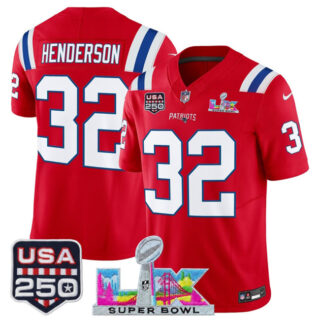 Men's New England Patriots #32 TreVeyon Henderson Red 2025 F.U.S.E. Super Bowl LX Patch And USA 250' Patch Vapor Limited Football Stitched Jersey