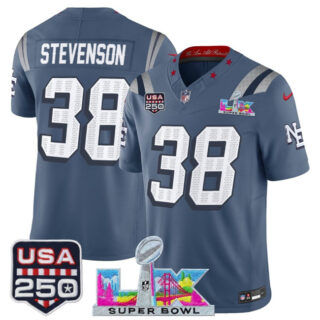 Men's New England Patriots #38 Rhamondre Stevenson Storm Blue 2025 F.U.S.E. Super Bowl LX & USA 250' Patch Rivalries Vapor Limited Football Stitched Jersey