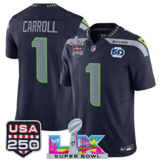 Men's Seattle Seahawks #1 Pete Carroll Navy 2025 F.U.S.E. Super Bowl LX Patch And 50th Season & USA 250' Patch Vapor Limited Football Stitched Jersey