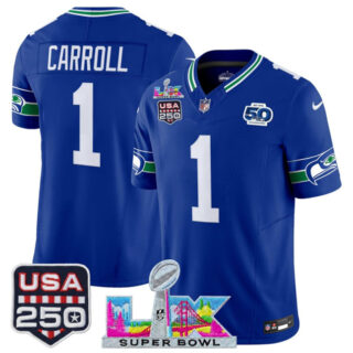 Men's Seattle Seahawks #1 Pete Carroll Royal 2025 F.U.S.E. Super Bowl LX Patch And 50th Season & USA 250' Patch Vapor Throwback Limited Stitched Football Jersey