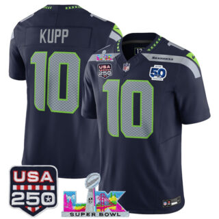 Men's Seattle Seahawks #10 Cooper Kupp Navy 2025 F.U.S.E. Super Bowl LX Patch And 50th Season Patch Vapor Limited Stitched Football Jersey