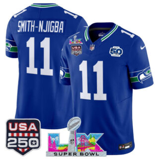 Men's Seattle Seahawks #11 Jaxon Smith-Njigba Royal 2025 F.U.S.E. Super Bowl LX Patch And 50th Season & USA 250' Patch Vapor Throwback Limited Stitched Football Jersey