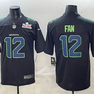Men's Seattle Seahawks #12 Fan Black 2025 Super Bowl LX Patch Carbon Fashion Vapor Untouchable Limited Stitched Football Jersey