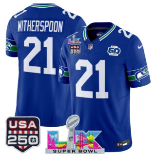Men's Seattle Seahawks #21 Devon Witherspoon Royal 2025 F.U.S.E. Super Bowl LX Patch And 50th Season & USA 250' Patch Vapor Throwback Limited Stitched Football Jersey