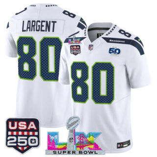 Men's Seattle Seahawks #80 Steve Largent White 2025 F.U.S.E. Super Bowl LX Patch And 50th Season & USA 250' Patch Vapor Limited Football Stitched Jersey