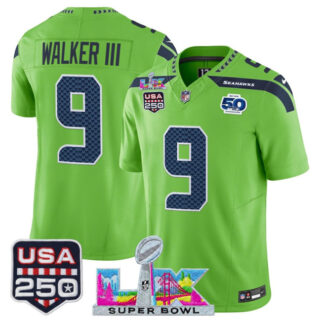 Men's Seattle Seahawks #9 Kenneth Walker III Green 2025 F.U.S.E. Super Bowl LX Patch And 50th Season & USA 250' Patch Vapor Limited Football Stitched Jersey