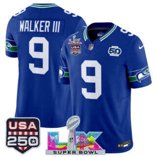 Men's Seattle Seahawks #9 Kenneth Walker III Royal 2025 F.U.S.E. Super Bowl LX Patch And 50th Season & USA 250' Patch Vapor Throwback Limited Stitched Football Jersey