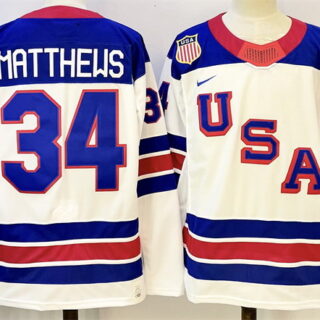 Men's USA #34 Auston Matthews White 2025-2026 With C Patch Stitched Jersey