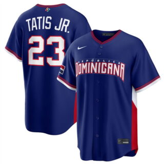 Men's Dominican Republic Baseball #23 Fernando Tatis Jr. Navy 2026 World Baseball Classic Road Stadium Stitched Jersey
