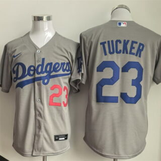 Men's Los Angeles Dodgers #23 Kyle Tucker Grey Cool Base Limited Stitched Baseball Jersey