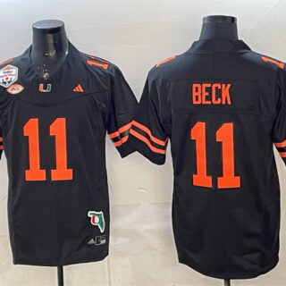 Men's Miami Hurricanes #11 Carson Beck Black F.U.S.E. Fiesta Bowl Champions & Florida Patch Stitched Football Jersey