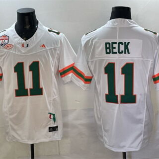 Men's Miami Hurricanes #11 Carson Beck White F.U.S.E. Fiesta Bowl Champions & Florida Patch Stitched Football Jersey