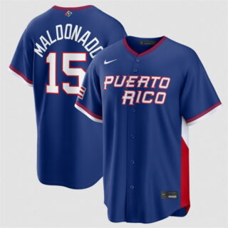 Men's Puerto Rico Baseball #15 Martin Maldonado Blue 2026 World Baseball Classic Road Stadium Stitched Jersey