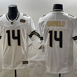 Men's Seattle Seahawks #14 Sam Darnold White Gold 2025 F.U.S.E. 50th Season Patch Vapor Limited Stitched Football Jersey