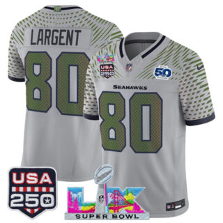 Men's Seattle Seahawks #80 Steve Largent Gray 2025 F.U.S.E. Super Bowl LX & US 250th anniversary Patch And 50th Season Patch Rivalries Vapor Limited Football Stitched Jersey